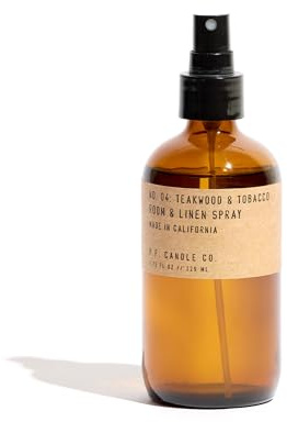 P.F. Candle Co. Teakwood & Tobacco Scented Room & Linen Spray (7.75 fl oz) Amber Glass Bottle, Fine Fragrance Oil, Quick Fabric and Air Refresher, Made In The U.S.A.