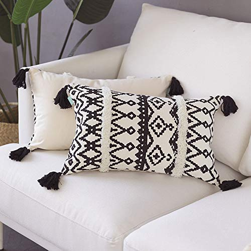 MOCOFO Dekorative Kissenhülle 30x50 cm, Weißer Boho-Stil mit Schwarzen Linien und Quasten, Lendenstützkissen für Sofa, Auto, Büro, Modern und Bohemian Wohnkultur