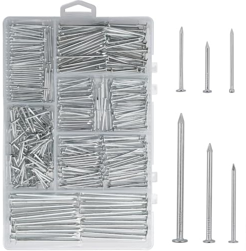 376pcs Premium Hardware Nails Assortment Kit, Maximum Length 2 Inches Galvanized, Picture Hanging, Wood, Wall with Storage Box | 6 Sizes