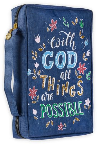 Christian Art Gifts Herren/Damen Bibelhülle mit Gott All Things are Possible Matthäus 19:26, blaue Blumen-Leinwand, Größe M