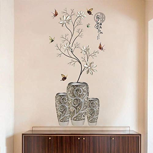 58 * 118 Cm Argent Vase Fleur Stickers Muraux Art Papillon Arbre Décor à La Maison Vinyle Bricolage Stickers Muraux en Pot Plantes Chambres Décoration