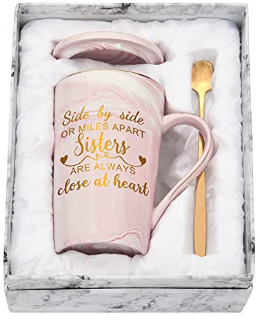 Kaffeebecher-Set mit Geschenkbox, Geburtstagsgeschenk, Geschenk für beste Freundin, 400 ml, Seite an Seite oder Miles Apart Sisters are Always Close At Hear, ideales Freundschaftsgeschenk