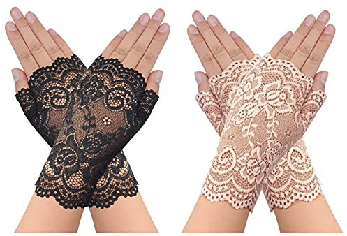 obmwang 2 Paar Damen Spitzenhandschuhe Fingerlose Blumen Handschuhe für Braut Abschlussball Hochzeit Party Kostüm Zubehör, Schwarz, Aprikose, Einheitsgröße