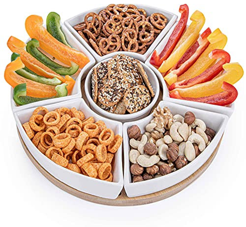 Dimono® Snacktablett Snack-Teller Serviertablett mit 6 Schalen aus Porzellan und Servierbrett aus Bambus-Holz für Snacks, Salate, Knabereien, Dips, Tapas, uvm. (Snack-Teller)