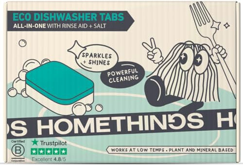 Homethings, 40 Eco-Friendly Dishwasher Tablets, Eco 3-in-1 Dishwasher Tabs, Highly Effective Cleaning, No Toxic Chemicals, Vegan & Cruelty-Free, No Animal Testing, Made in EU