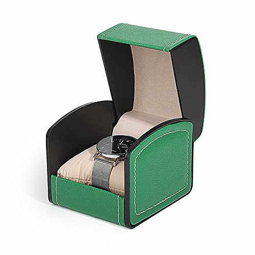 NuAngela PU Leder Uhrenbox,Einzeldisplay Aufbewahrungsbox für Armbanduhren und Smartwatches,Halter mit Kissen,Schmuckträger Geschenkbox für Damen/Herren (Grün)