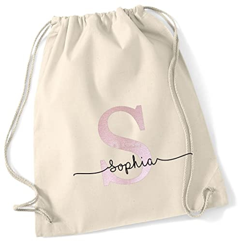 Personalisierter Turnbeutel mit Buchstabe und Name | Motiv Monogramm Initiale | Bedruckter Stoffbeutel Kordel-Rucksack zum Zuziehen | Geschenk-Idee Schulanfänger Geburtstag