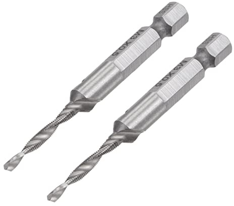 sourcing map 2pcs Foret et Taraud Combinés, tige hexagonale 1/4 M3 x 0,5 métrique en acier rapide non revêtu 4341 outil de taraudage de forage à flûte en spirale 67mm de longueur