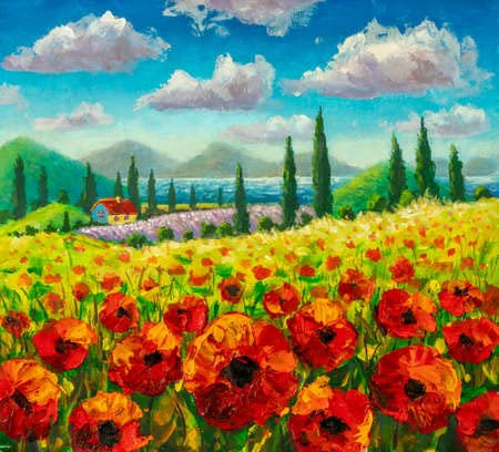 adrium Acryl-Bild 40 x 40 cm: Gemälde Bauernhaus, Feld mit roten Blumen, Mohn, Berge und Zypressen unter Sommerhimmel in der toskanischen Landschaft(156097039)