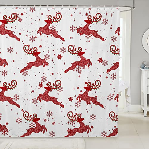 Weihnachts Dusch Vorhang Für Kinder Jungen MäDchen Weiß Rotes Hirsch Rentier Vorhänge Set 180x210(WxL) Weihnachts Schneeflocken Kunst Wasserdichter Bad Vorhang Weihnachtsdekor Vorhänge mit 12 Haken