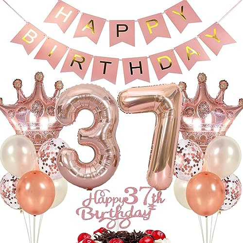 Ouceanwin Luftballon-Set 37. Geburtstag Deko Frauen, Rosegold, 16 Stück, Happy Birthday Banner, Tortendeko, Biologisch abbaubar, Konfetti, Damen, Frauen, Geburtstag, Ballon-Set