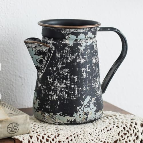 Z² BellaDecor Vintage Krug Vase Rustikale Bauernhaus Vase für Blumen Vintage Metall Milchkännchen Kleiner Dekorativer Krug Shabby Chic Dekor für Zuhause, Küche, Bad, Schwarz