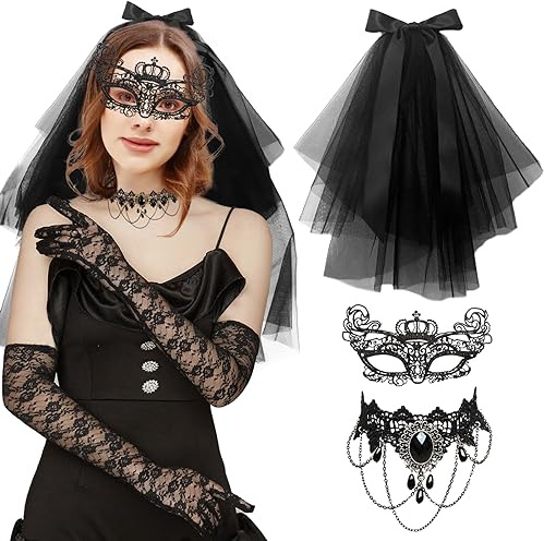 Schwarzer Schleier Halloween,Gothic Schmuck Damen,Spitzenhandschuhe Schwarz,Spitze Maske,Maskerade Maske,4 Stück Halloween Steampunk Damen Zubehör,für Halloween Karneval Maskerade Cosplay Party