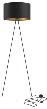 Licht-Erlebnisse Stehlampe Dreibein in Schwarz Gold 156 cm niedrig B: 50 cm Stoff Metall Modern E27 Tripod Stehleuchte Wohnzimmer