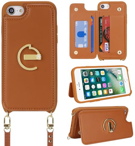 Ｈａｖａｙａ Coque pour iPhone 7 avec Cordon Étui iPhone 8 avec Porte Carte Portefeuille avec Anneau béquille Réglable Collier Housse Etui iPhone SE(2020/2022) pour Femmes - Marron