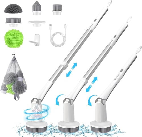BIUBLE Electric Spin Scrubber, Electric Cleaning Brush with 5 Pcs Scrubbing Brush set, Cordless Spin Scrubber with Adjustable Stretchable Arm for Cleaning Bathroom Bathtub, Kitchen, Tile, Floor