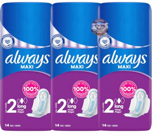 Maxi long Binden mit Flügeln Pads Binden (Größe 2) Damenbinden 14 STÜCK x 3 Packungen