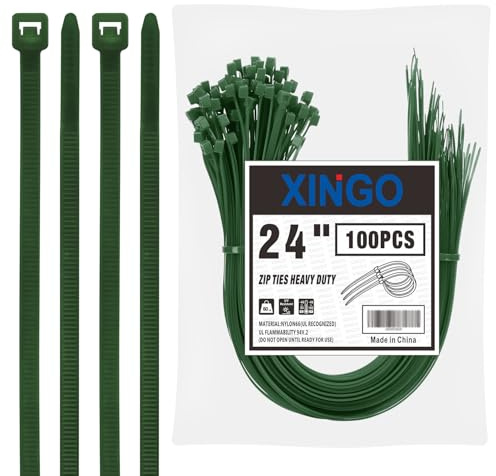 XINGO 24 inch Garden Green Zip Ties Heavy Duty (100 Pack), 60lb Tensile Strength, UV Resistant Cable Ties for indoor and outdoor use