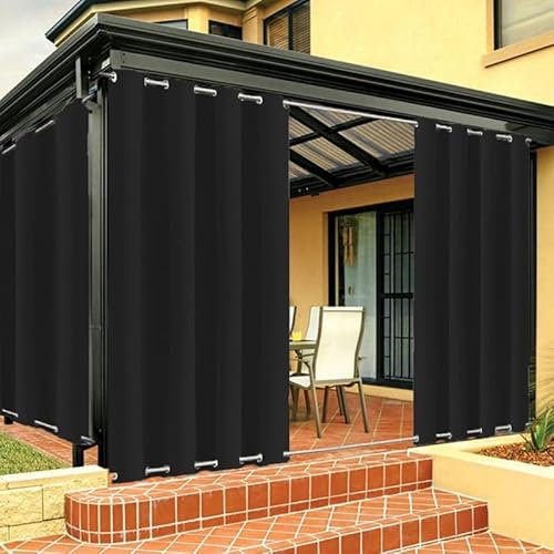 Outdoor Vorhänge Wetterfest mit ösen Oben und Unten, Outdoor Vorhang Wasserdicht Winddichte Blickdicht Outdoor Gardine für Pavillon Terrasse Veranda - 1 Stück, Schwarz, B254xH132cm