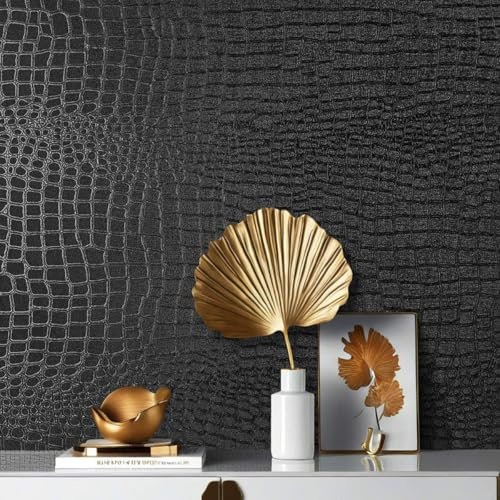 Arthome Peel and Stick Wallpaper Black,44x600cm Crocodile Textured Self Adhesive Contact Paper Faux Leather Removable Waterproof Wallpaper Vinyl Wrap Alligator Skin Paper for Furniture