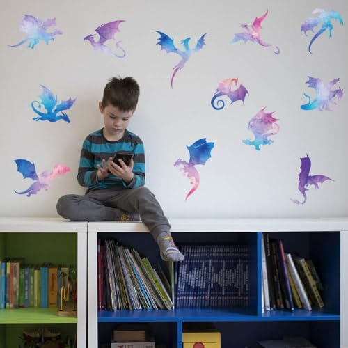 SUPERDANT Wandtattoo Wasserfarben Drachen Silhouette Wandsticker Transparenter Drachen Wandaufkleber Abzieh Und Aufklebewandkunst Für Schlafzimmer Wohnzimmer Spielzimmer Klassenzimmer Dekor