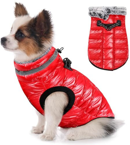 Eyein Wasserdichter Hundemantel mit Geschirr, Fleece Rollkragen Warme Hundewinterjacke mit doppeltem Reißverschluss, reflektierende Hundeschneejacke für kleine mittlere große Hunde, Rot, S