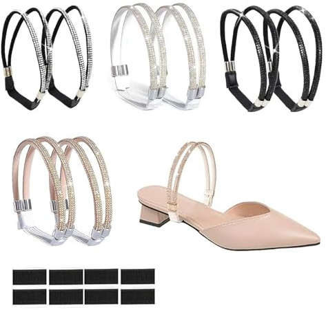 LZYDKH 4 Paar Schuhbänder für Absätze, Elastische High Heels Schuhriemen Abnehmbare Glitzer Anti Lose Riemchen Sandalen Schnürsenkel von Frauen Mädchen(Weiß, Schwarz, Rosengold)