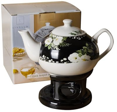 Livello Porzellan Teekanne mit Stövchen 1000 ml eleganter Teebereiter für heiße Getränke langlebig und leicht zu reinigen stilvolles Design für Kaffee und Tee Blumen Schwarz