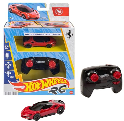 Hot Wheels Voiture télécommandée Ferrari SF90 Stradale Assetto Fiorano à l’échelle 1/64, peut faire la course sur et en dehors des pistes, bouton turbo pour augmenter la vitesse, JGB50