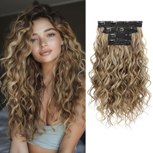 REECHO Curly Hair Extensions, 4PCS 16 inch Clip in Hair Extensions Lace Weft Short Curly Hair Extension Clip Ins Invisible Natural Hairpieces for Women, Light Brown with Blonde Highlights