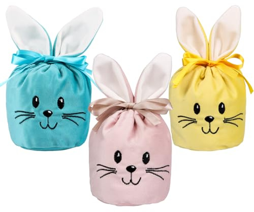 BETESSIN Geschenktüten Ostern - 3 Stück Kleine Ostersäckchen mit Hasenohren - Osterbeutel aus Samt Stoff - Ostertüten zum Befüllen - Niedliche Osterkörbchen für Kinder - Alternative zum Osternest