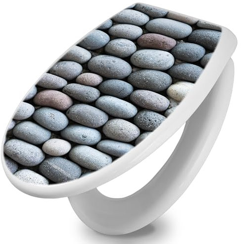 banjado Toilettendeckel mit Absenkautomatik 44,5x37cm / WC Brille Soft Close/hygienischer Toilettendeckel/Klodeckel Duroplast Edelstahl Scharniere einfache Montage/Motiv Runde Steine