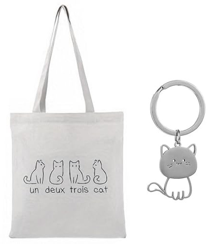 Bolsa De Compras Con Patrón De Gato De 1 Pieza Y Llavero De Gatito De 1 Pieza, Bolsa De Compras De Lona, ​​Bolsa De Compras De Gran Capacidad, Bolsa De Compras