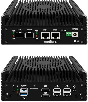 CWWK N355 Mini PC Firewall Appliance, 2 x 10GbE SFP+ Mini Computer with 2 x i226-V 2.5GbE LAN, S2 OPNsense Micro PC Barebone DDR5 NO RAM/SSD/OS, USB-C, TF, Dual 4K Display, AES-NI