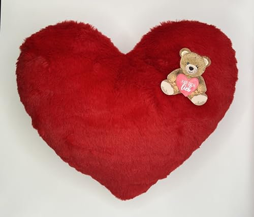 la vida GmbH Plüsch-Herzkissen mit Teddybär-Applikation, Rot, Dekoratives Kuschelkissen