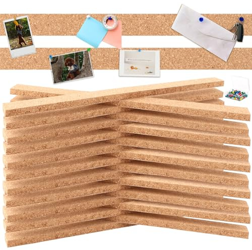 VIDETOL Lot de 24 petites bandes en liège - 36 x 2,5 cm - Avec 60 broches - Plaque en liège de 10 mm d'épaisseur - Autocollant pour accrocher des photos - Décoration d'intérieur