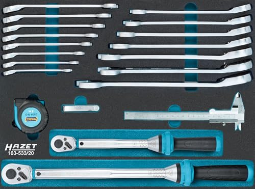 Hazet Set di attrezzi universale, 20 pezzi, 163-533/20, include chiavi a cricchetto ad anello, sondaggio, metro a nastro, calibro a corsoio e chiave dinamometrica, per officina e industria