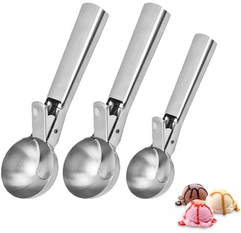 3Pcs Ice Cream Scoop, Stainless Steel Metal Scoop Set, 2 Large and 1 Small Ice Cream Scoops, Ideal for Gelato, Cookie Dough, and Mash Potato Preparation, Durable and Easy to Clean