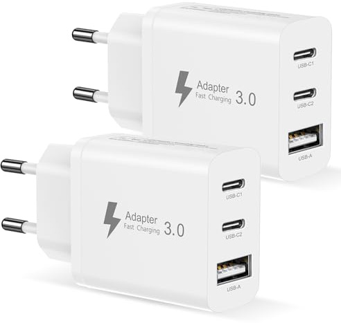 Chargeur USB C 2Pack, 30W 3 Port Prise USB C Chargeur Rapide iPhone Prise USB Multiple Adaptateur USB Chargeur Secteur USB c pour iPhone 17/16/15/14/13/12/11 Pro Max/iPad Pro, Samsung S25/S24/S23/S22