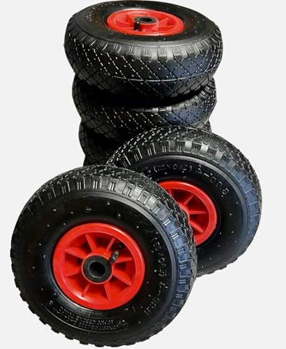 TMV24® 6X Sackkarrenrad Luftrad 3.00-4, 260x85, Nabe Ø20×75mm, Reifen mit Schlauch & Rad für Sackkarre Bollerwagen Ersatzrad Sackkarren, Räder Rollenlager Kugellager Luftreifen Winkelventil Schw/Rot