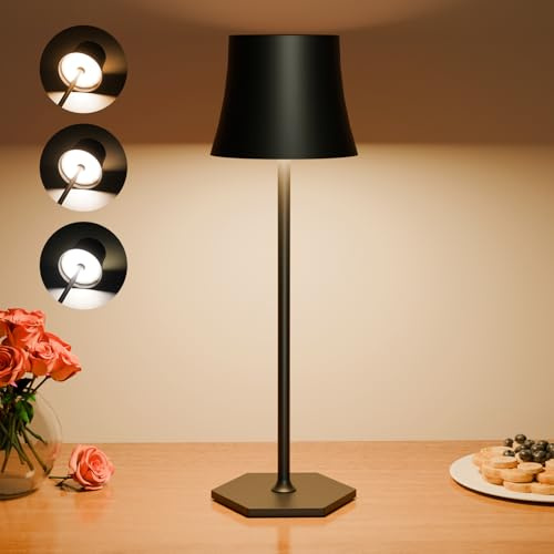 EUARY Lampara Mesita LED Inalambrica,Lamparas Mesa 3 Temperaturas Color Ajuste Tactil,5000mAh,Recargable USB,Lámparas Mesilla,Candeeiro Adecuada Interior,Exterior,Día,Noche