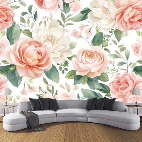 Carta Da Parati Fotografica Rosa Peonia, Acquerello Fiori Design Carta per Pareti Soggiorno Camera Da Letto Sala Fotomurali, Rosa pesca Tessuto di Seta Murale, 150Lx105A cm