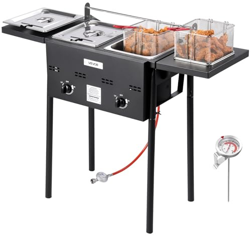VEVOR Friteuse au propane commerciale d'extérieur avec 2 réservoirs (9 l x 2), cuiseur en acier inoxydable avec plate-forme pliable, double panier et régulation de la chaleur, friteuse sur pied pour