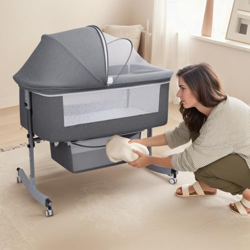 ehozirta 3 in 1 Baby Crib, baby Cradle, toddler Bassinet, infant Cot, Travel Cot, with Mattress and Changing Table, Folding, Adjustable, Rocking, Portable Crib