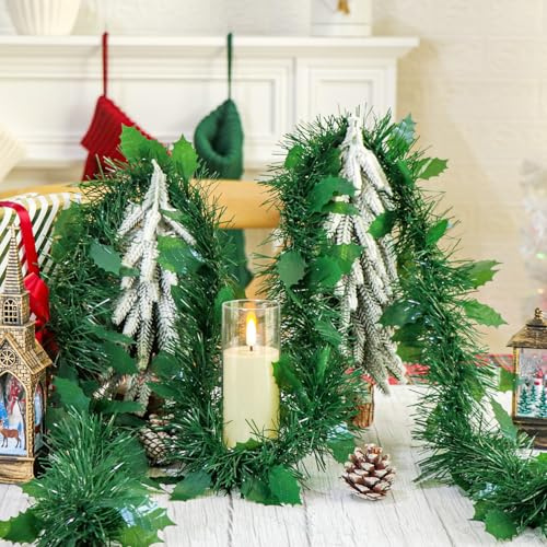 Guirnalda de oropel de Navidad de 32.8 pies con hojas de acebo, guirnalda metálica brillante para árbol de Navidad, techo, escaleras, decoración de fiesta (verde oscuro)