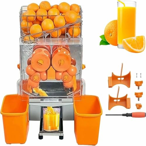 Exprimidor de naranjas comercial, silencioso, con una tasa de extracción de jugo superior al 55%, funciona en una hora con trabajo continuo, se desmonta para su limpieza y tiene un diámetro de alime