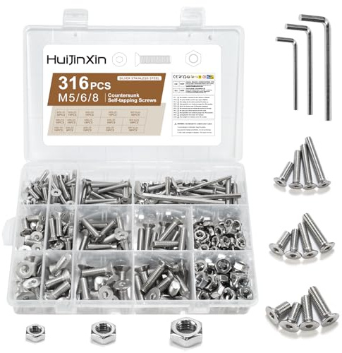 316 pezzi M6 M8 M10 set di viti, set di viti a testa svasata in acciaio inox con dadi, set di viti metriche a testa piatta con esagono interno con dadi, assortimento di viti a testa svasata filettate
