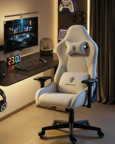 Dowinx Gaming Stuhl mit 4D Armlehnen und 15°Schaukelfunktion, 165° Verstellbar Gaming Chair, Ergonomischer Gamer Sessel Rennsport-Design für Gamer Esport 135kg Belastbarkeit, Weiß