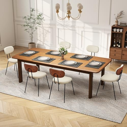 LSSPAID Dining Chairs Set of 6, Linen Fabric Upholstered Dining Room Chairs with Walnut Bentwood Back, Mid-Century Modern Kitchen Chairs with Adjustable Feet Pads, Beige