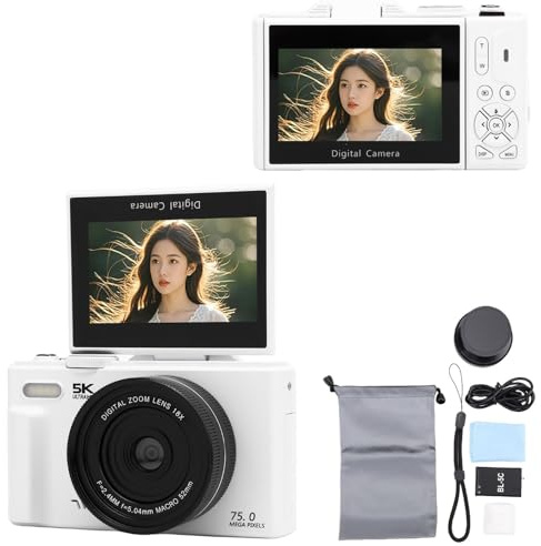 BuyWeek Digitalkamera 5K 75MP mit WLAN, 18X Zoom Autofokus HD Vlogging Kamera mit 3 Zoll 180° Flip Bildschirm, Makro Weitwinkelobjektiv, LED Fülllicht, Schönheitsmodus, 32 GB Karte (Weiß)